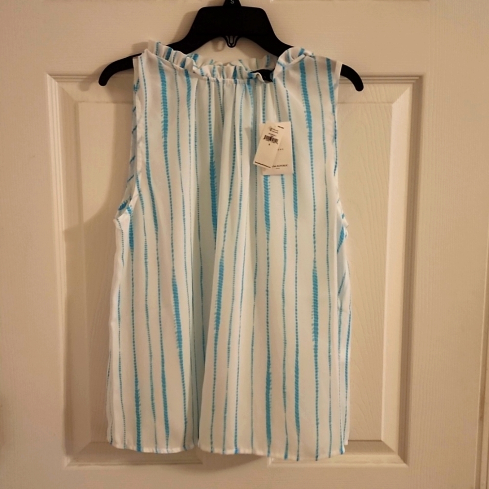 Banana Republic Blue & White Sleeveless Ruffle Sheer Blouse Size Small. NWT